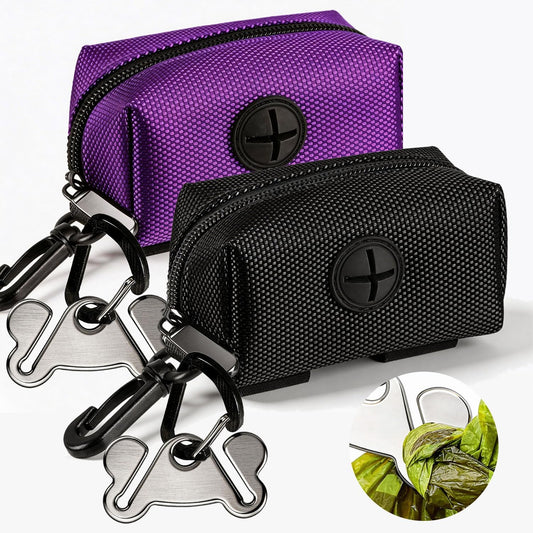 Dog Waste Bag Dispenser Pet Poop Bags Holder for Doggie Waste Bags Dispensers Soft Fabric Zipper Small Doggy Puppy Pouch for Leash Accessory Attachment with Carrier,2Pcs Purple&Black