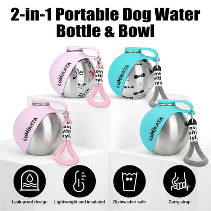 Lumikata 2-in-1 Portable Dog Water Bottle - 10 oz Stainless Steel with Silicone Foldable Bowl, Leak-Proof Design for Small Dogs and Pet Feeding Needs