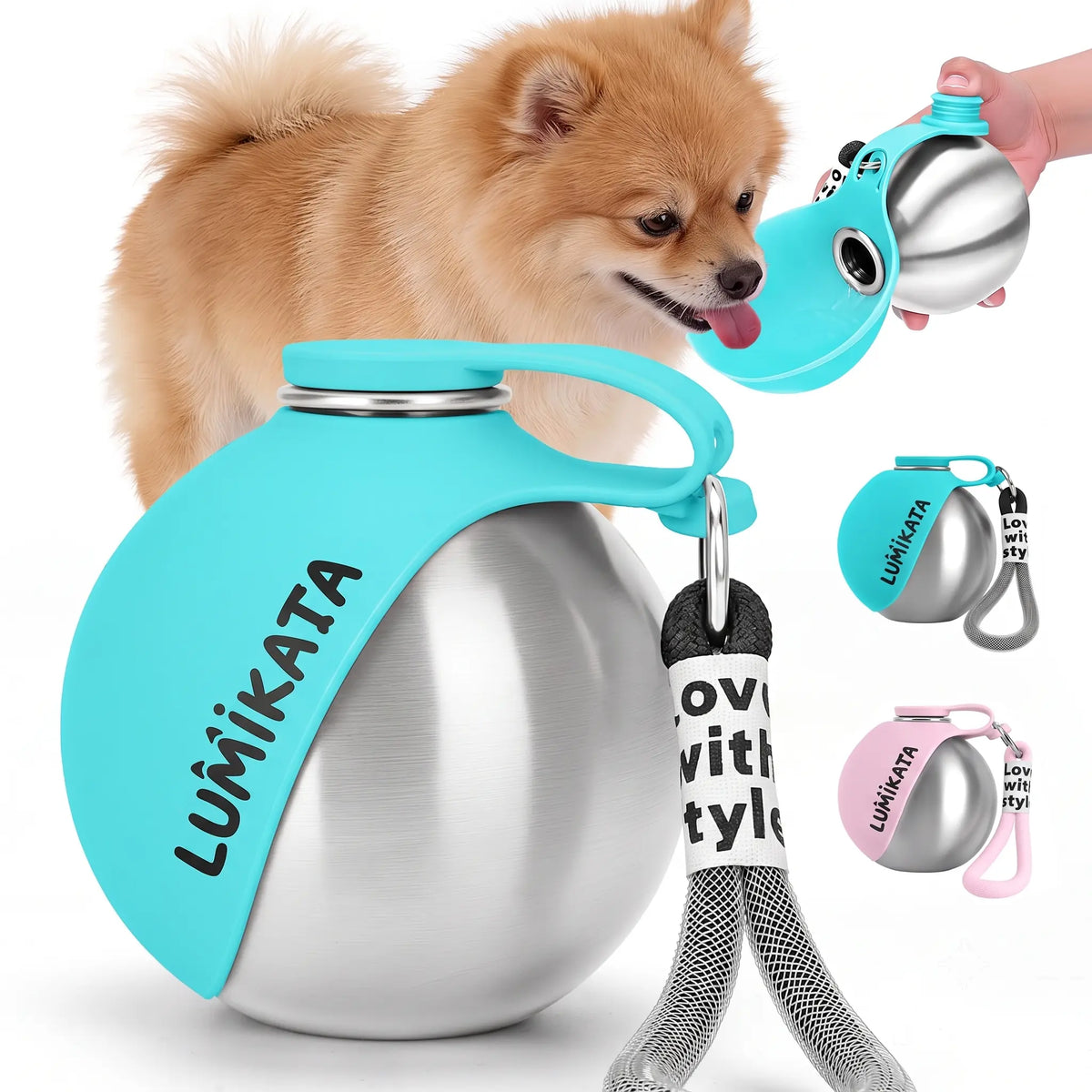 Lumikata 2-in-1 Portable Dog Water Bottle - 10 oz Stainless Steel with Silicone Foldable Bowl, Leak-Proof Design for Small Dogs and Pet Feeding Needs