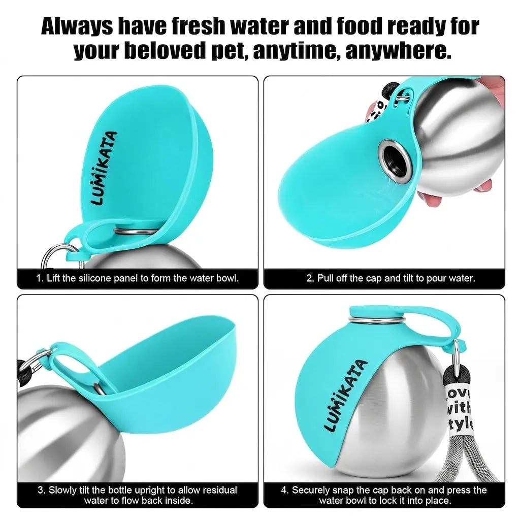 Lumikata 2-in-1 Portable Dog Water Bottle - 10 oz Stainless Steel with Silicone Foldable Bowl, Leak-Proof Design for Small Dogs and Pet Feeding Needs